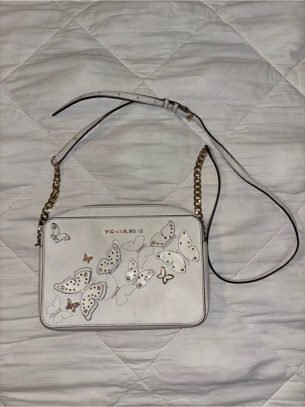 Michael Kors White Leather Butterfly Crossbody with Gold Hardware